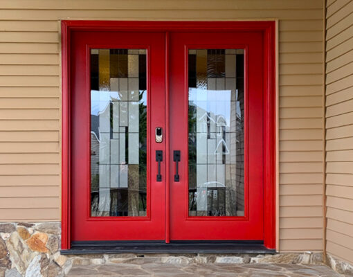 red double entry door